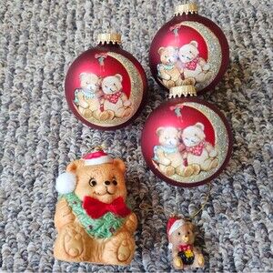 VTG Christmas Bear Tree Ornaments Hanging Bear Bell Celestial Glitter Moon Bulbs